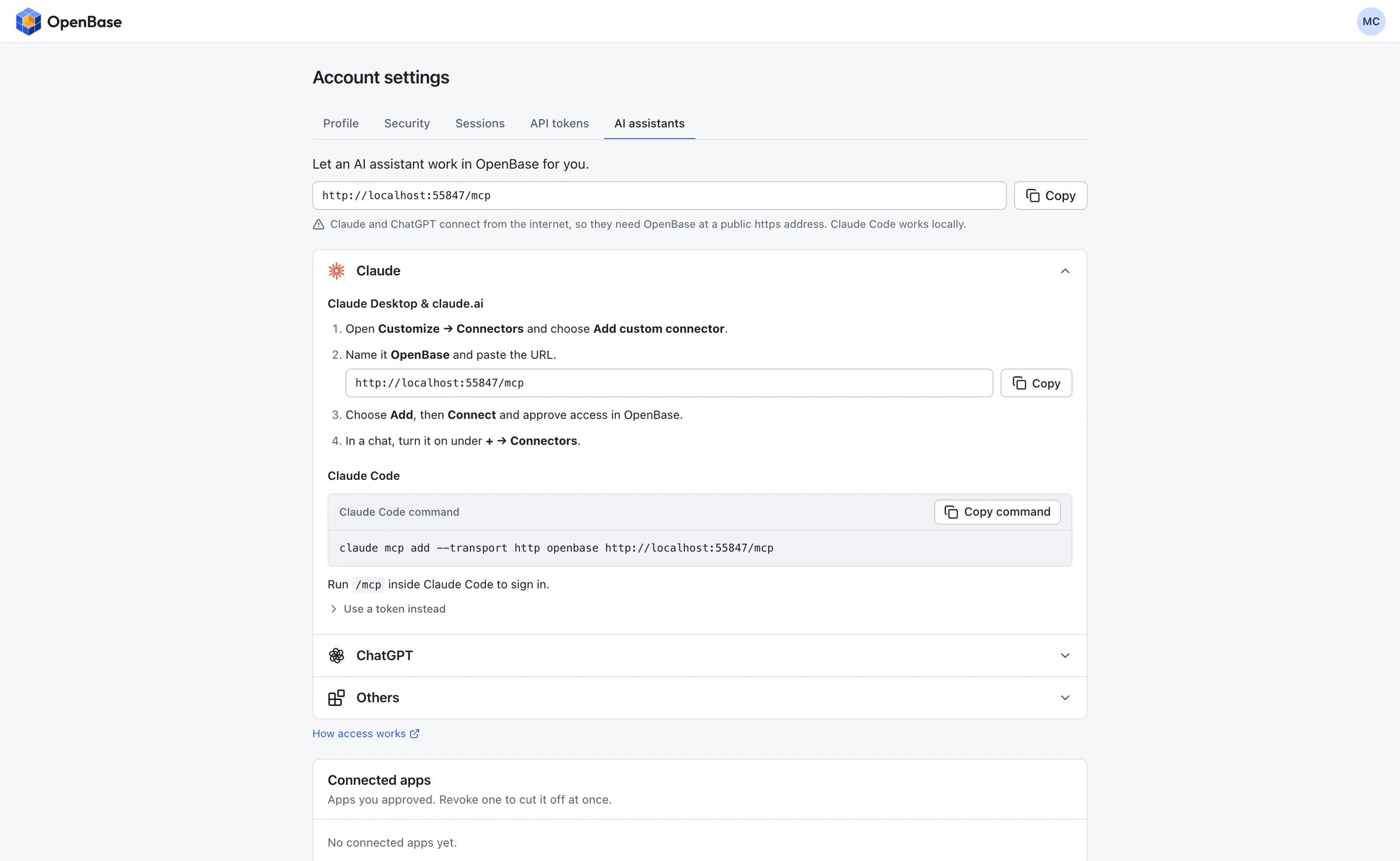 OpenBase account page with the MCP address and steps to connect Claude, ChatGPT and other assistants