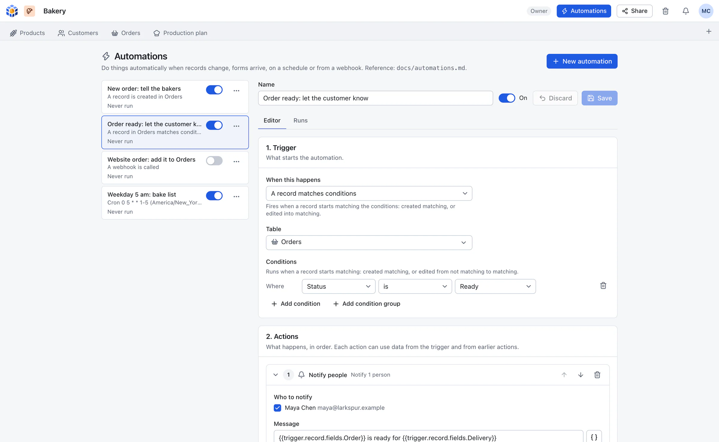 OpenBase automation editor: a trigger, conditions and a list of actions