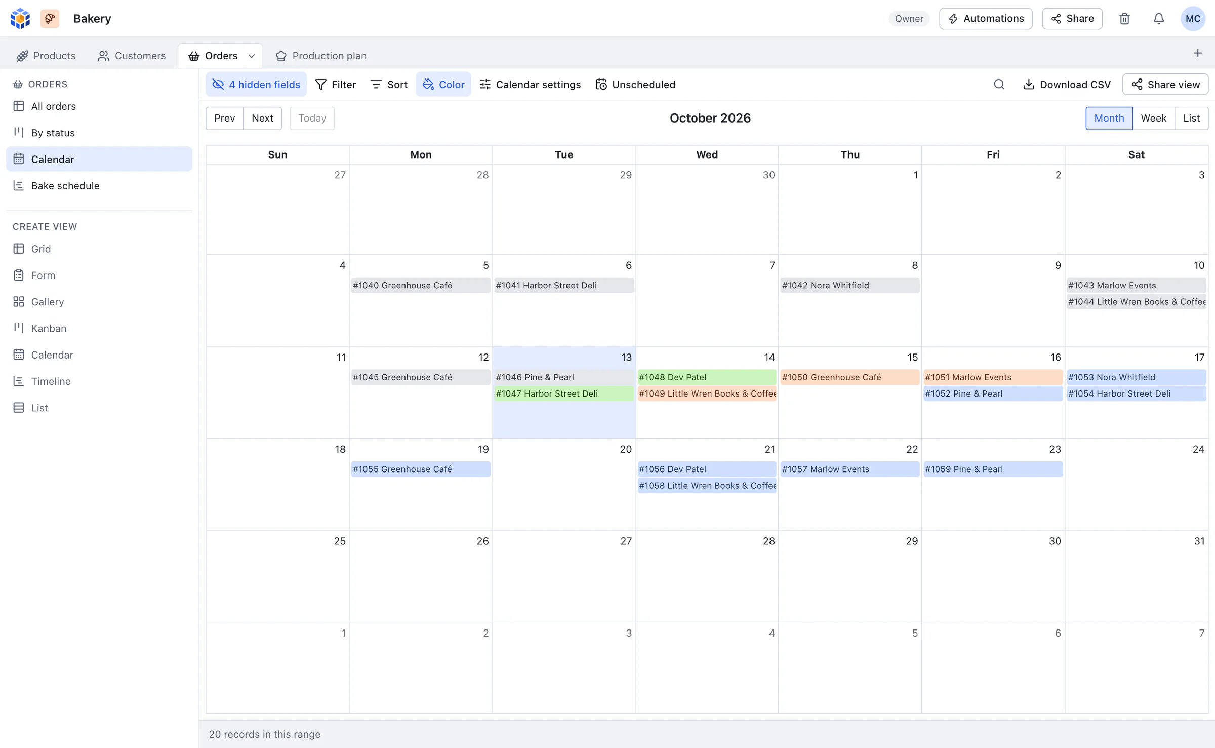 OpenBase calendar view showing orders on their due dates
