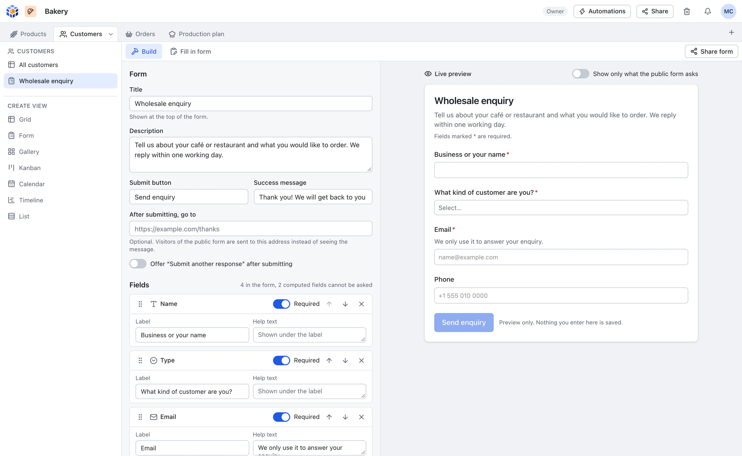 OpenBase form builder with a live preview of a wholesale enquiry form