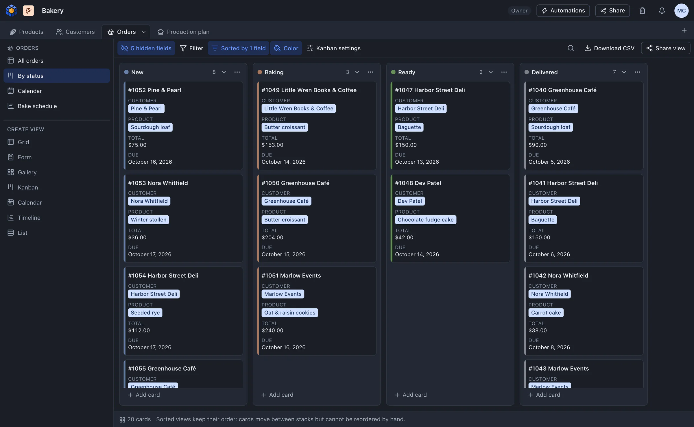 OpenBase kanban view with order cards in New, Baking, Ready and Delivered columns