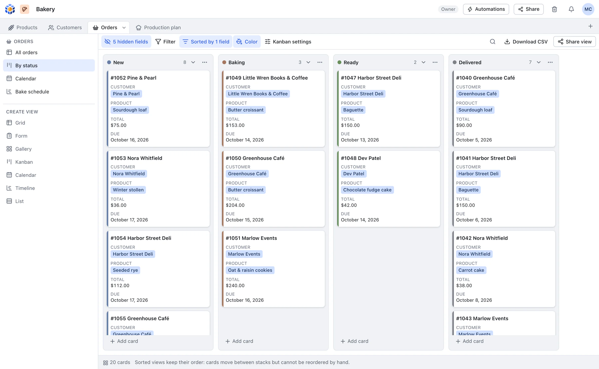 OpenBase kanban view with order cards in New, Baking, Ready and Delivered columns